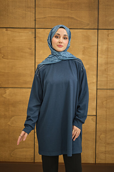 LOCCO Women's Crew Neck Shoulder Stone Detail Regular Viscose Tunic Indigo Blue