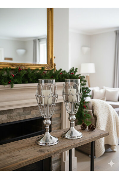 MİS KİTCHEN Füme Camlı Krom Metal Şamdan Çiftli Set – Dekoratif Mumluk Takımı...