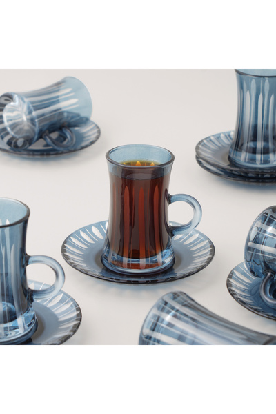 Dallaty طقم شاي زجاجي مكون من 12 قطعة بخطوط، أزرق غامق