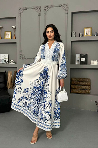 Dipmoda فستان نسائي من قماش الأطلس بتفاصيل غيبور ونقشة زرقاء مستورد طراز DPMS...