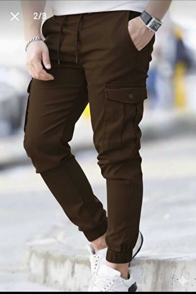 LEFNY COLLECTİON Men's Brown Quality Cotton Flexible Jogger Pants with Cargo Pocket Pockets and Elastic Waist