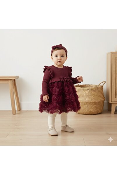 Nipperland KIZ BEBEK TRİKO ELBİSE DOĞUM GÜNÜ ELBİSESİ ÖZEL GÜN 3 BOYUT ÇİÇEK ...