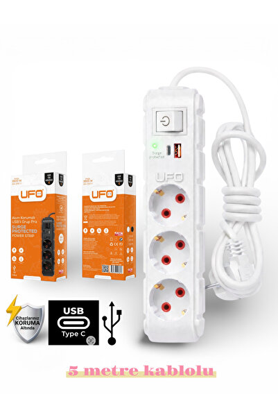 UFO Akım korumalı grup priz 5 mt kablolu anahtarlı Beyaz 3 lü ve USB+type-c ş...