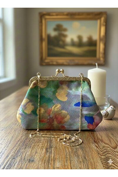 Home El Yapımı Klipsli Çanta | Sanatsal Yağlı Boya Dijital Keten Kumaş | Gold...