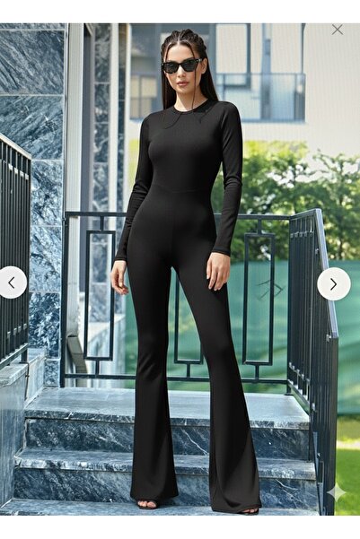 NESLİHAN UZUN Siyah Sandy Kumaş Sırt Dekolteli İspanyol Paça Tulum