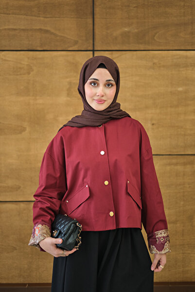 LOCCO Trenci scurt de damă guler rotund cu căptușeală cu model, cu închidere ...