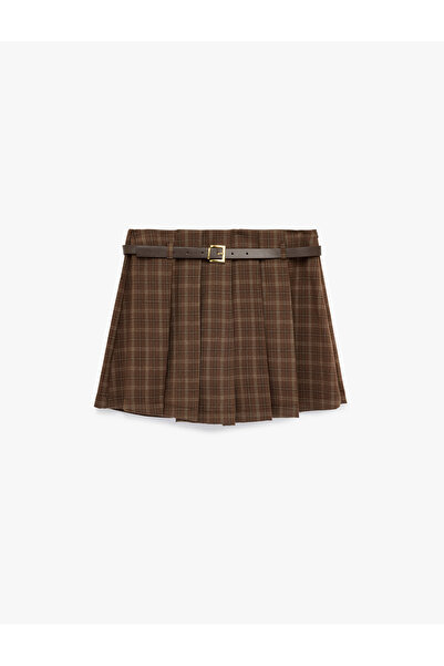 Koton Mini Plaid Skirt with Belt and Pleated Detail