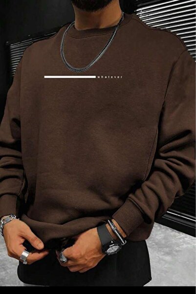 NO 601 Men's Brown Whatever Line Printed Crew Neck Sweatshirt