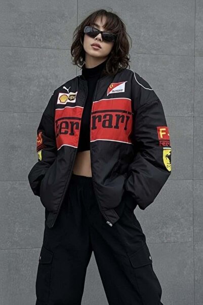 Karakedi Black F1 Ferrari Racing Retro Y2K Unisex Bomber Jacket