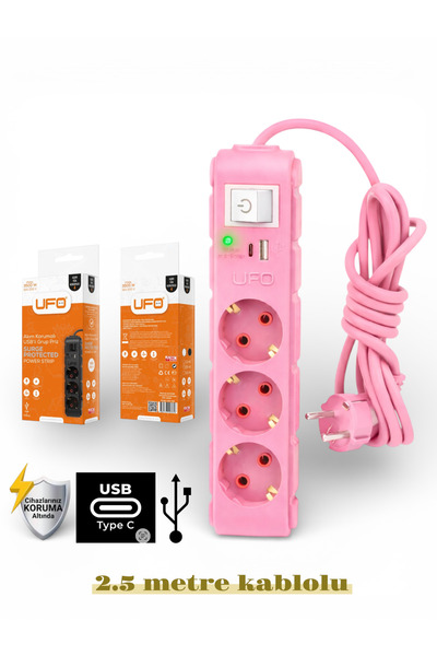 UFO Akım korumalı grup priz 2.5 mt kablolu anahtarlı pembe 3 lü ve USB+type-c...