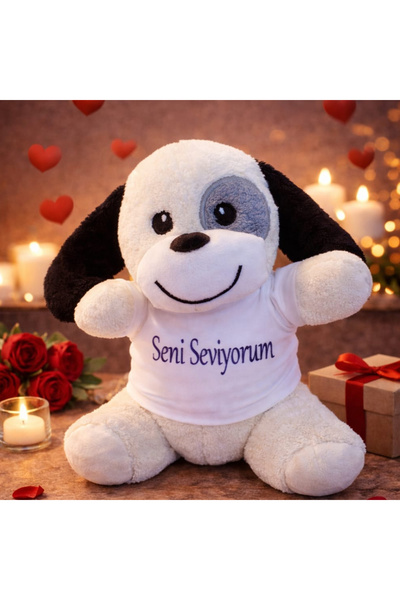 Store Peluş Oyuncak Köpek 25 cm Seni Seviyorum Mesajlı Tişörtlü Romantik Hediye