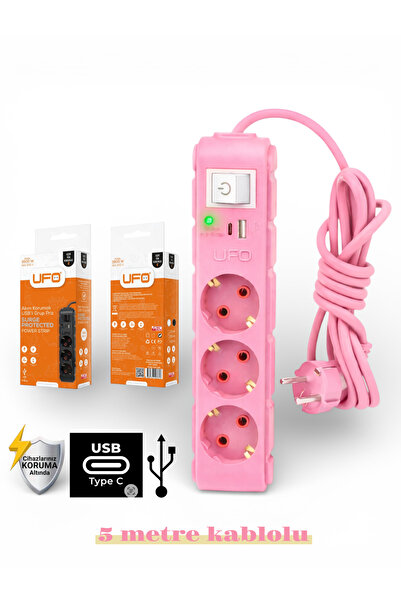 UFO Akım korumalı grup priz 5 mt kablolu anahtarlı pembe 3 lü ve USB+type-c ş...