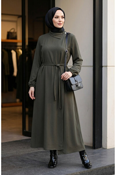 sefamerve Button Detailed Elastic Cuffed Belted Ferace 2212-01 Khaki