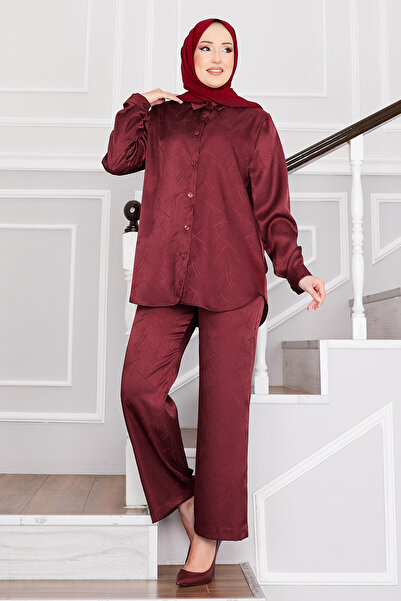 EBRUTESETTÜR Jacquard Double Pants Hijab Suit Burgundy