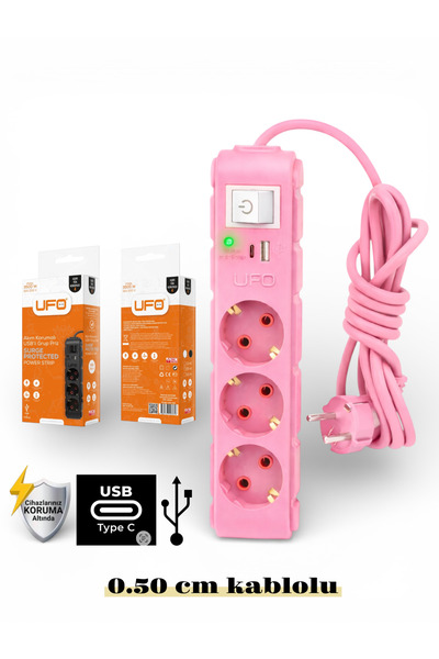 UFO Akım korumalı grup priz 0.50 cm kablolu anahtarlı pembe 3 lü ve USB+type-...