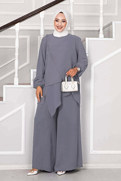 EBRUTESETTÜR Asymmetrical Cut Aerobin Hijab Double Set Gray