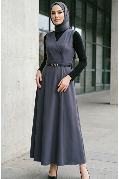 sefamerve Buttoned Short Sleeve Belted Gilet Dress 5095-03 Anthracite