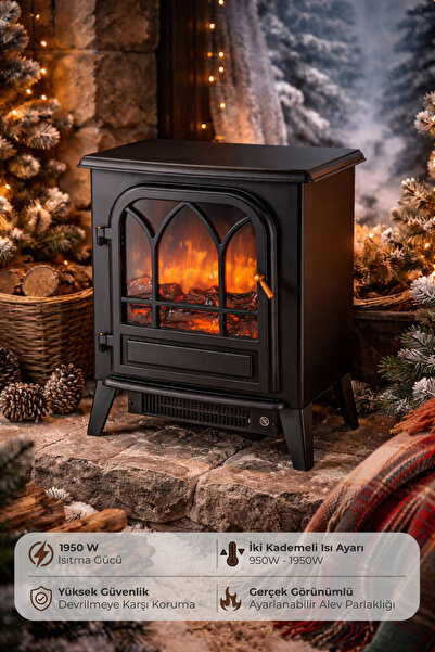 homenter Dekoratif Ayaklı Elektrikli Şömine Isıtıcı 1950W | Gerçek Odun Efekt...