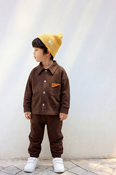 Magu Boy's Brown Buttoned Jacket Pants and t Shirt Set