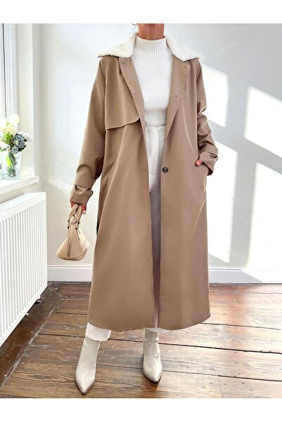 Podyum Park Kadın Kuşaklı Peluş Yaka Uzun Trençkot – Şık ve Modern Mevsimlik ...