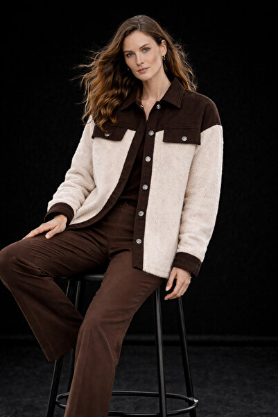 studio fashion 1988 Women's Brown Denim Paneled Feather Boucle Jacket