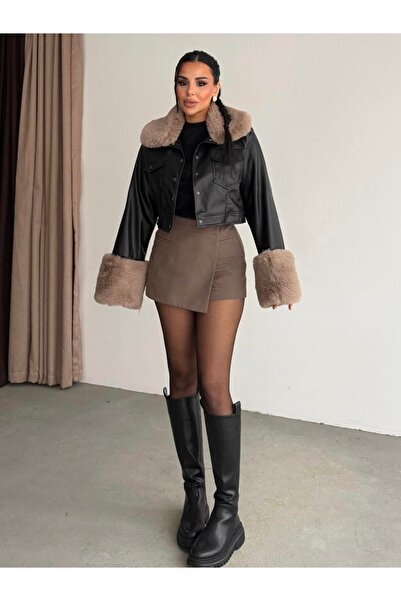 HARMONY GLOBAL Women's Detachable Collar and Sleeves Furry Crop Black Soft Fa...