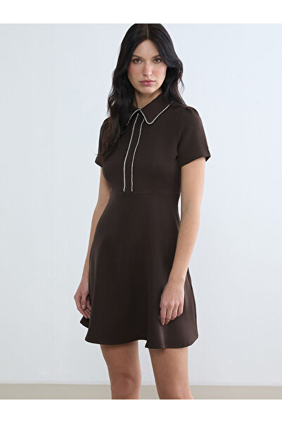 LC Waikiki Lcw Comfort Brown Peter Pan collar Stone A-Line Mini Dress