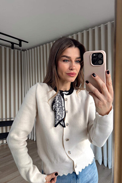 Sue Store Ecru Black Scarf Premium Buttoned Knitwear Cardigan