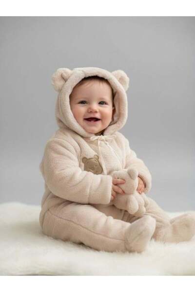 Zekids Baby Plush Hooded Jumpsuit with Ear Detail