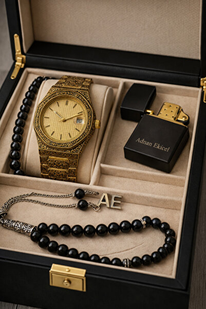 pierrose İşlemeli Gold Kadran Su Geçirmez Çelik Erkek Kol Saati Çakmak Tesbih...