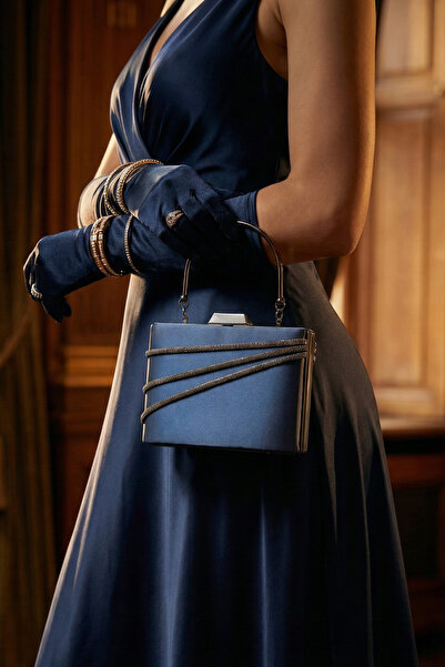 Erkan Saçmacı Navy Blue Satin Stone Metal Handle Chain Strap Evening Dress Bag