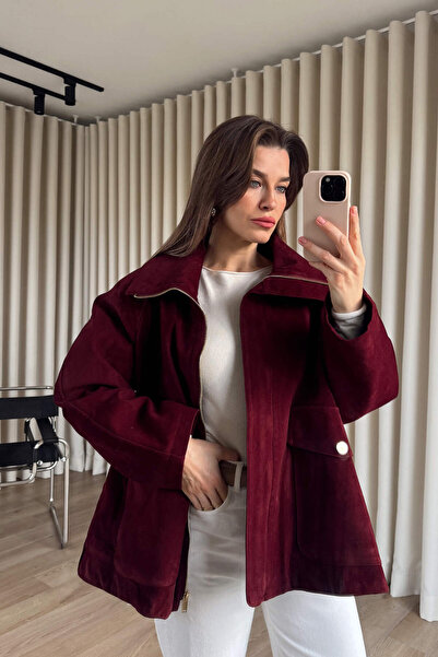 Sue Store Burgundy Shoulder Pad Layer Lined Oversized Suede Coat