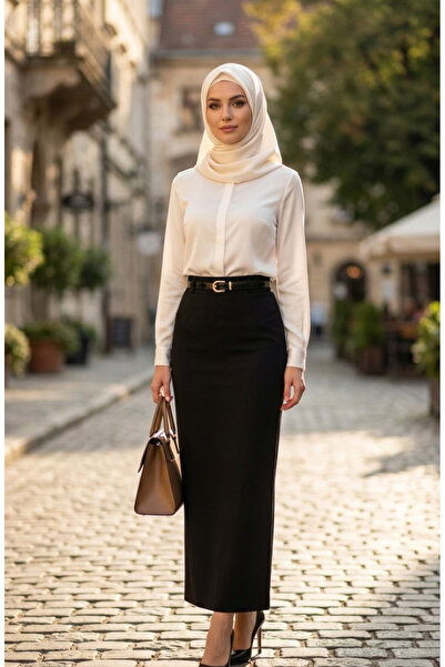 sefamerve Double Fabric Belted Pencil Skirt 2252-01 Black