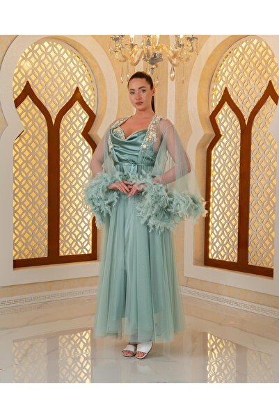 Limas lingerie روب صباحي طويل من قطعتين بتصميم خاص مع تفاصيل من الريش والدانت...