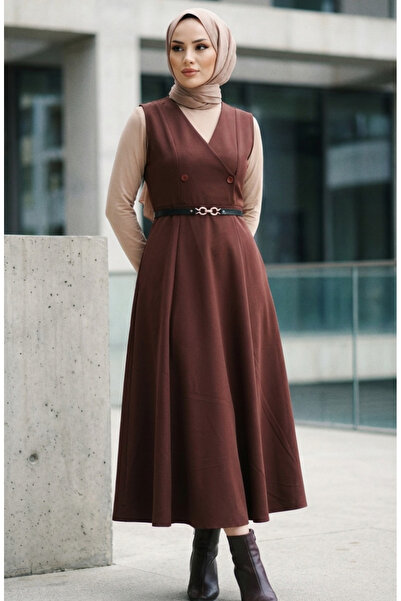 sefamerve Buttoned Short Sleeve Belted Gilet Dress 5095-04 Brown