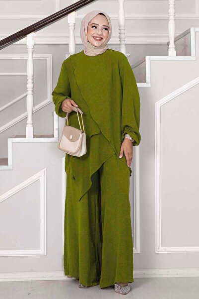 EBRUTESETTÜR طقم ملابس محتشمة من قطعتين بقصة غير متماثلة من إيروبين باللون ال...