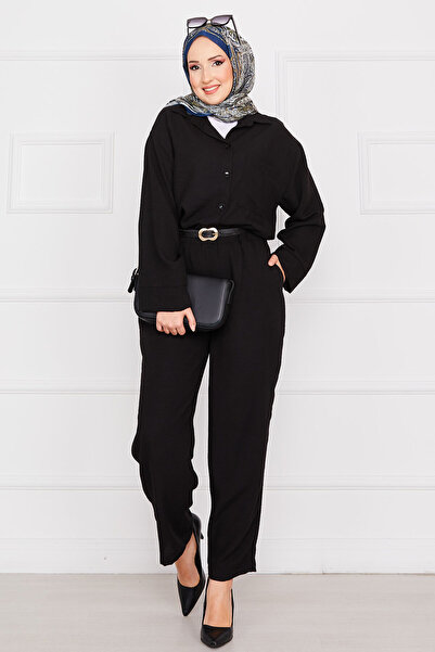 EBRUTESETTÜR Linen Hijab Set with Pocket Detail Black