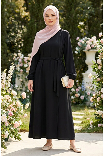 sefamerve Button Detailed Elasticated Sleeves Belted Ferace 2212-02 Black