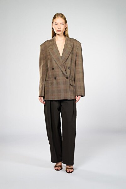 Thalure Kadın Kahverengi Ekoseli Oversize Blazer