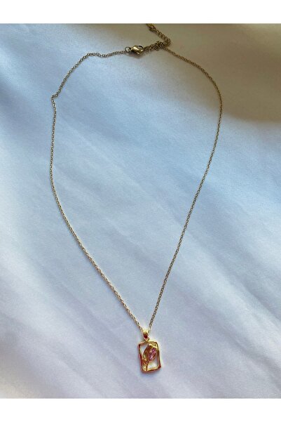 M&S Moon Shine Pembe Taşlı Lale Desenli Kolye