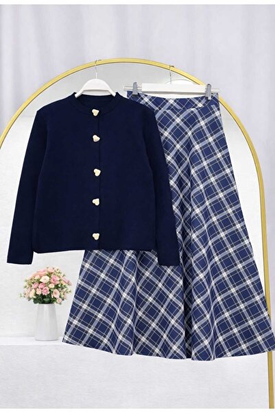 MODA VEDAT Women's Heart Button Knit Cardigan - Plaid Patterned Scuba Skirt Set