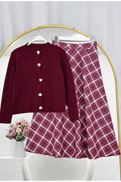 MODA VEDAT Women's Heart Button Knit Cardigan - Plaid Patterned Scuba Skirt Set