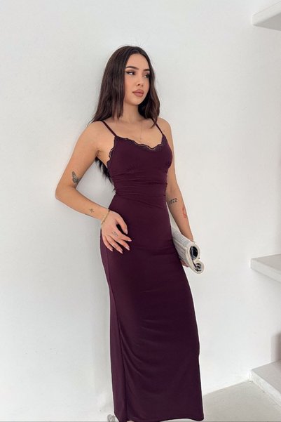 moda poni V-Neck Strappy Lace Detailed Slit Midi Dress