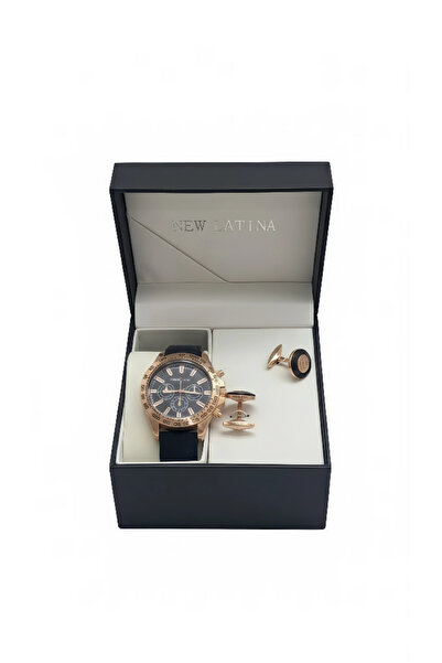 Boutique طقم اكسسوارات رجالي ساعة وازرار اكمام باللون الذهبي والاسود