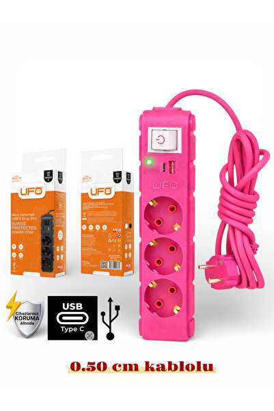 UFO Akım korumalı grup priz 0.50 cm kablolu anahtarlı fuşya 3 lü ve USB+type-...