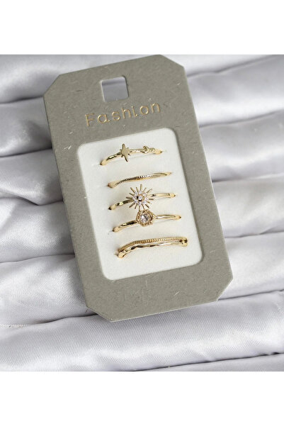 MEŞK STUDIO Gold Renk 5'li Eklem Yüzüğü Seti - Güneş, Yıldız ve Ay Figürlü Iş...