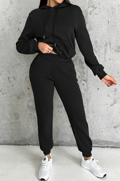 OEM Women's Black Tracksuit with Front Pocket and Hood - L/XL