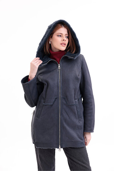 By Marki Marki Kadın Hakiki Deri Mont Kapüşonlu Lacivert içi Kürklü Seksen Sa...