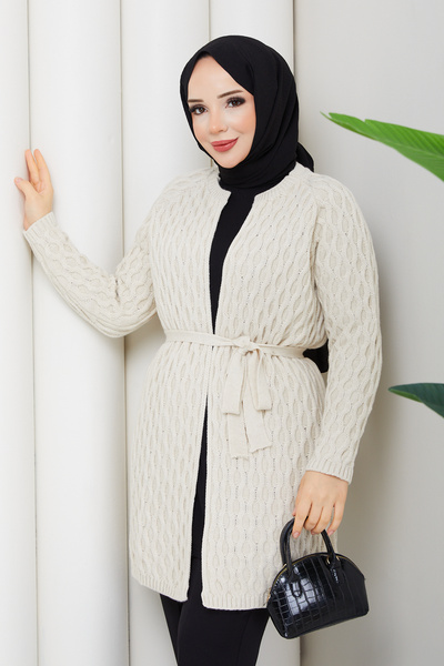 Pamuk Butik Women's Tok Straw Knitted Belted Knitwear Cardigan