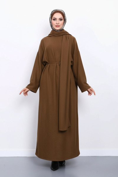 BERNS Corded Fabric Cotton Woven Belted Hijab Detailed Abaya Dress